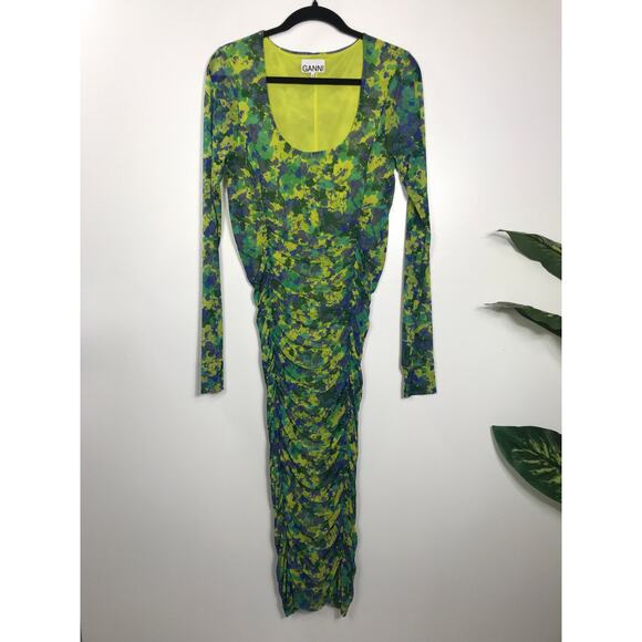 GANNI Ruched Mesh Dress Sulphur Spring Green Yellow Floral Midi 38 Wedding Guest - Picture 2 of 14